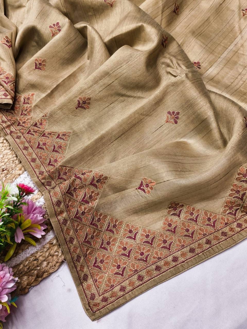Quintessential Beige Embroidery Work Tussar Silk Saree With Flamboyant Blouse Piece