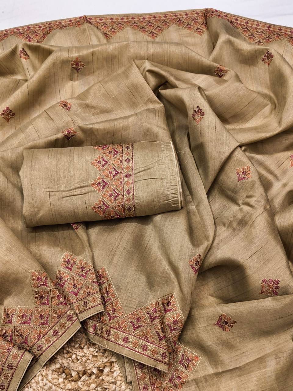 Quintessential Beige Embroidery Work Tussar Silk Saree With Flamboyant Blouse Piece