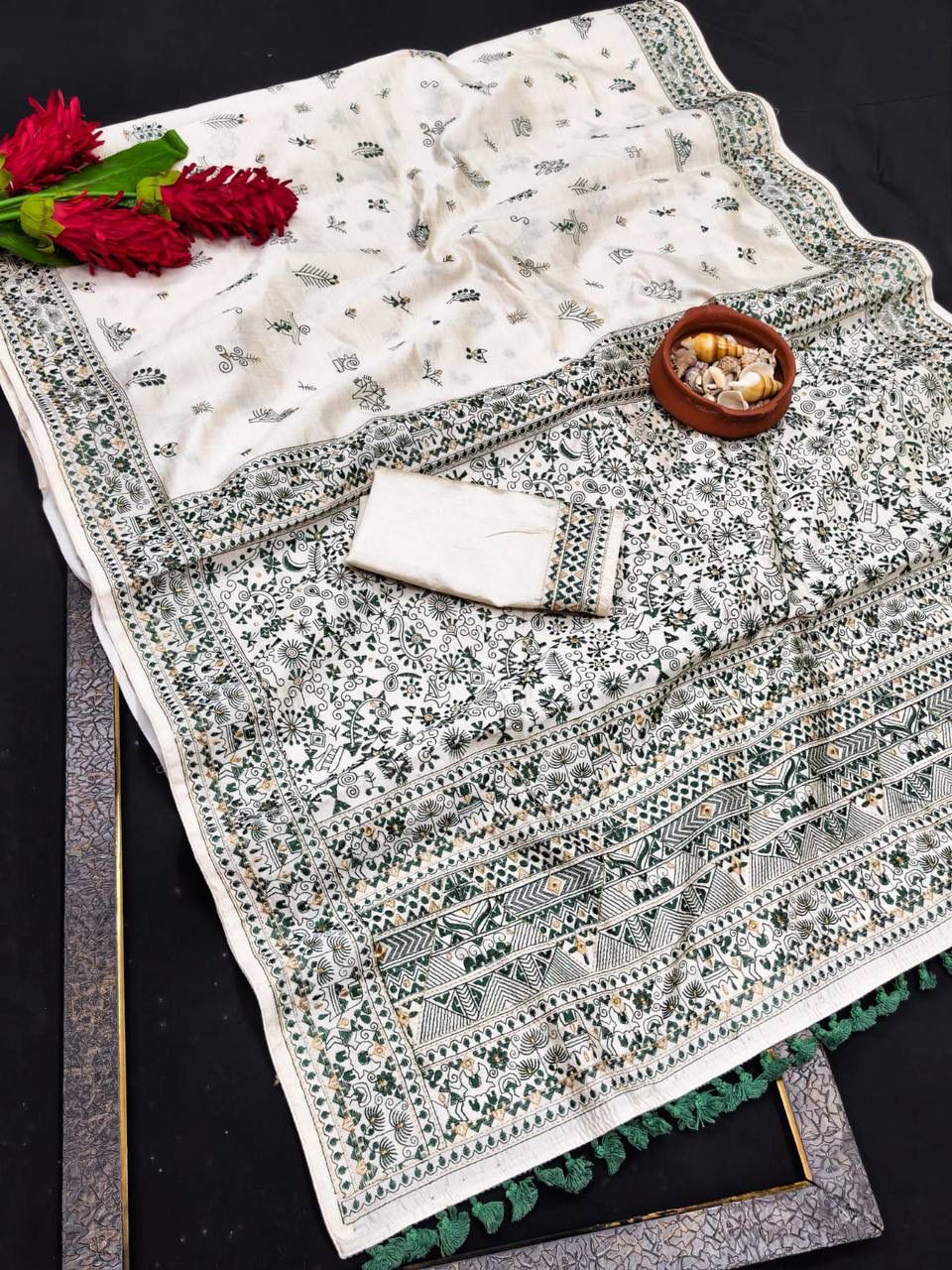 Sizzling Off White Embroidery Work Tussar Silk Saree With Enamoring Blouse Piece