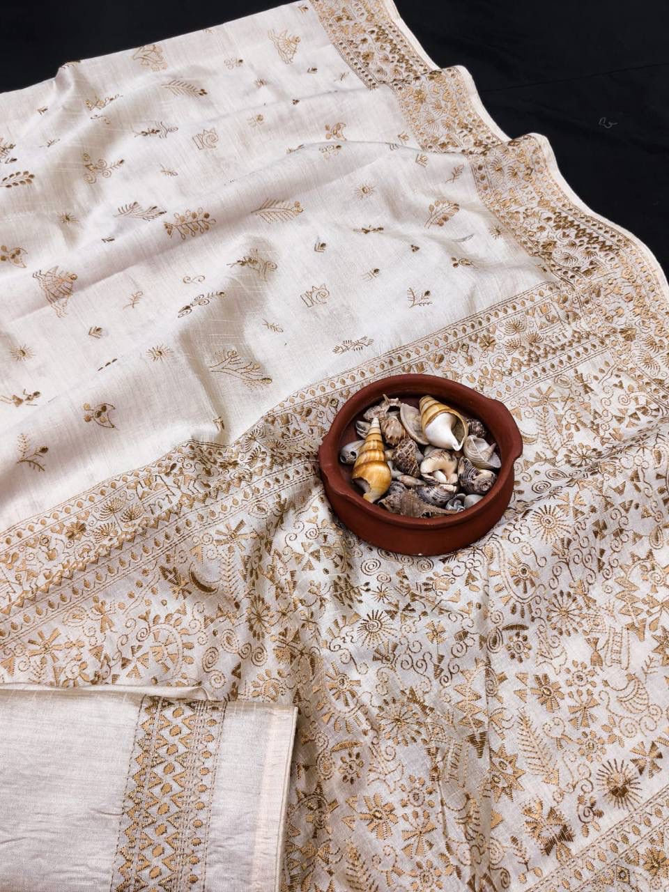 Ethnic Off White Embroidery Work Tussar Silk Saree With Pleasant Blouse Piece