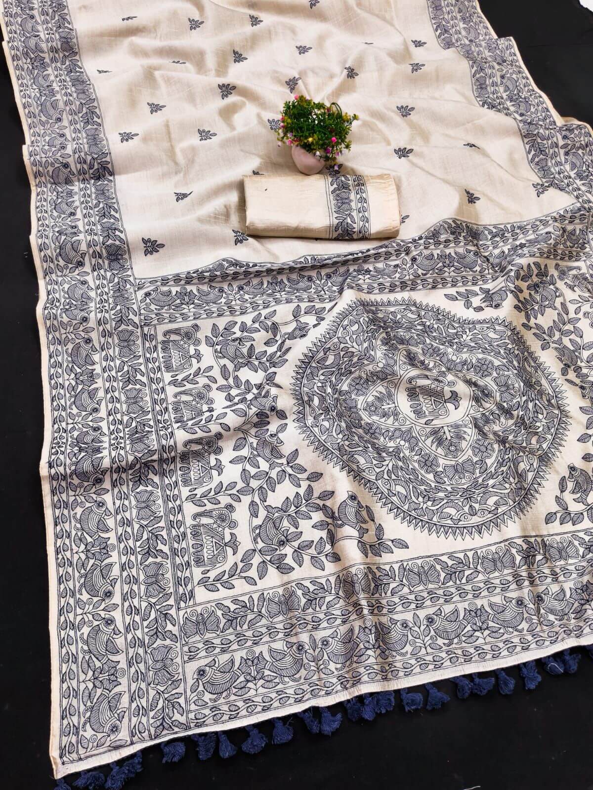 Allure Off White Embroidery Work Tussar Silk Saree With Dissemble Blouse Piece