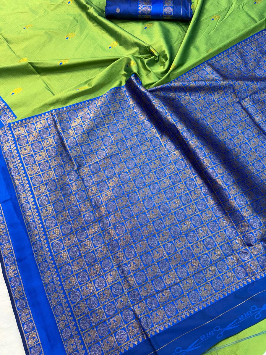 Trendy Parrot Soft Banarasi Silk Saree With Hypnotic Blouse Piece
