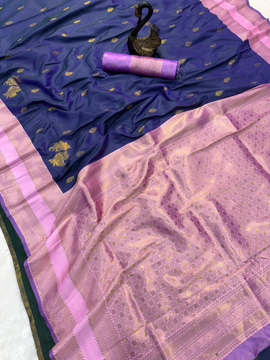 Aplomb Navy Blue Soft Banarasi Silk Saree With Seraglio Blouse Piece