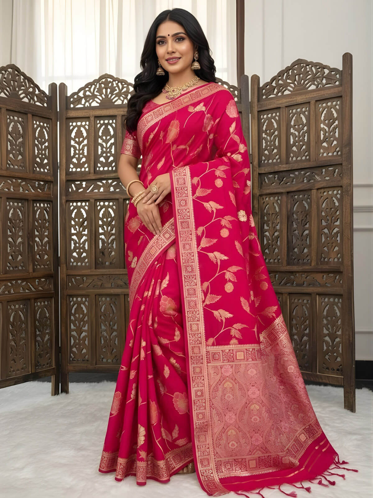 Most Flattering Dark Pink Banarasi Dola Silk Saree With Desultory Blouse Piece