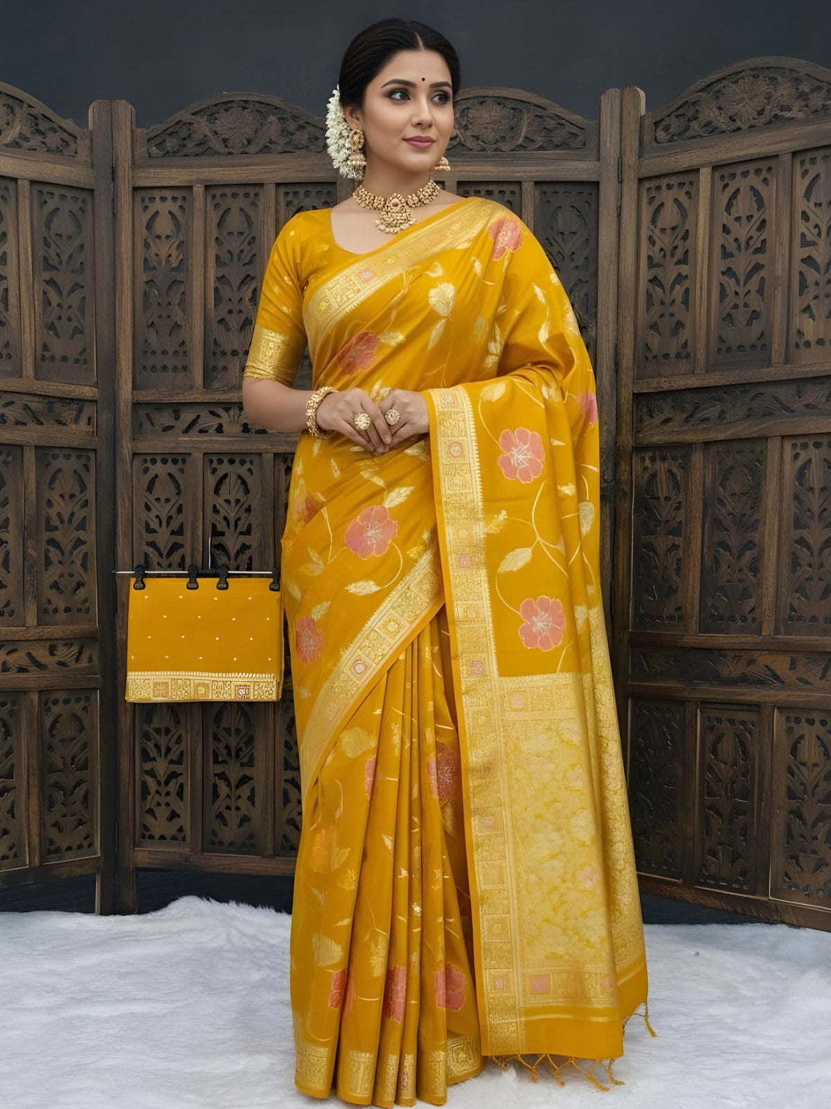 Breathtaking Mustard Banarasi Dola Silk Saree With Captivating Blouse Piece