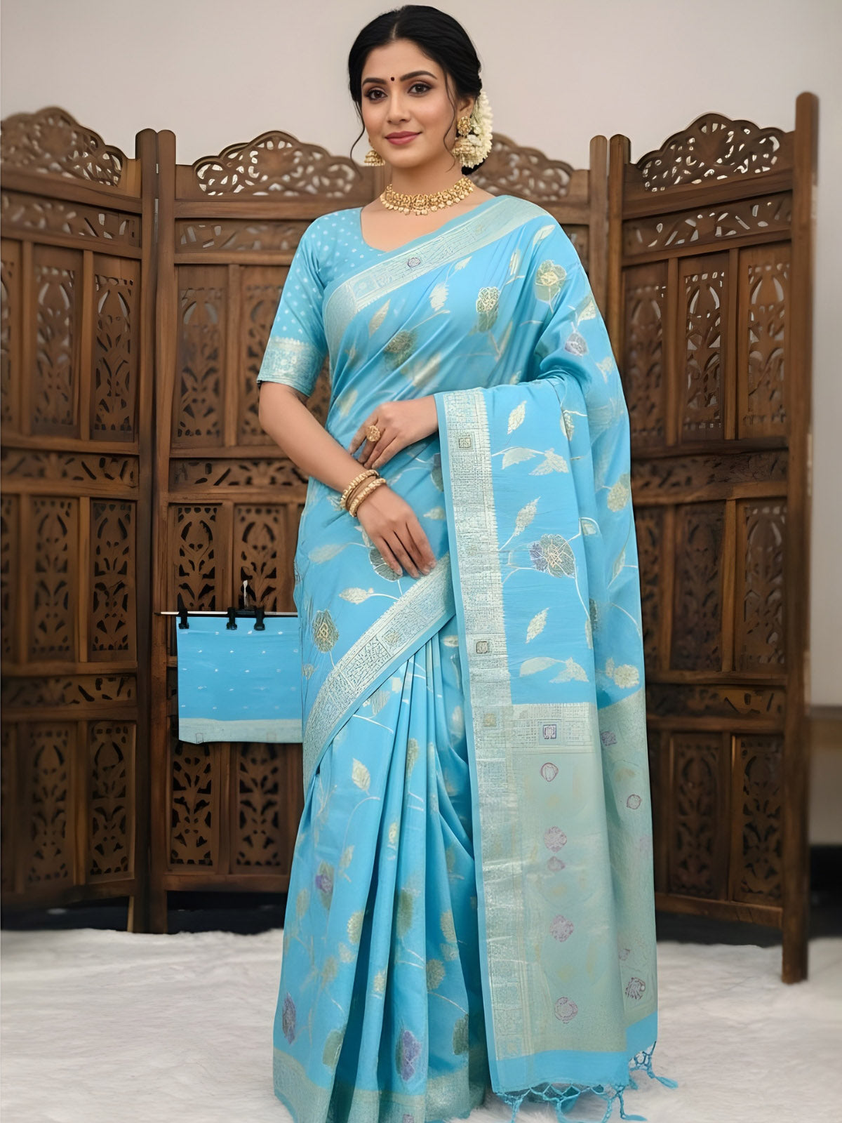 Demesne Sky Banarasi Dola Silk Saree With Sizzling Blouse Piece