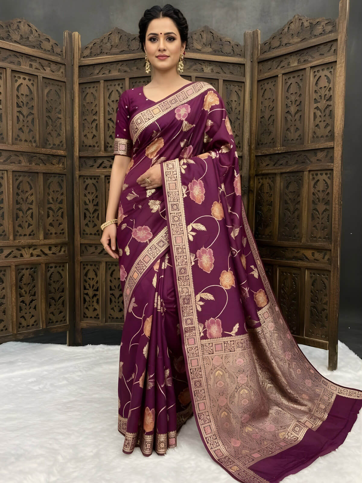 Exquisite Wine Banarasi Dola Silk Saree With Panache Blouse Piece