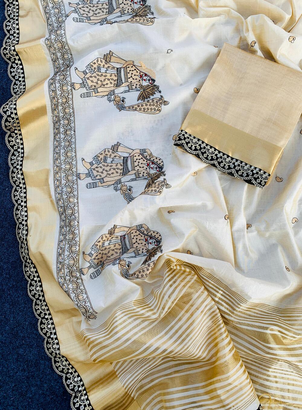 Snazzy Off White Kalamkari Thread Work Tussar Silk Saree With Opulent Blouse Piece