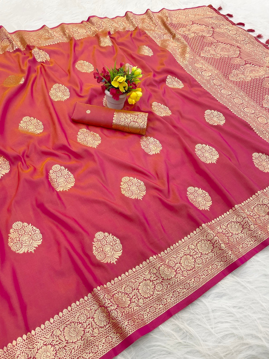Staggering Dark Pink Pure Zari Weaving Banarasi Silk Saree With Classy Blouse Piece