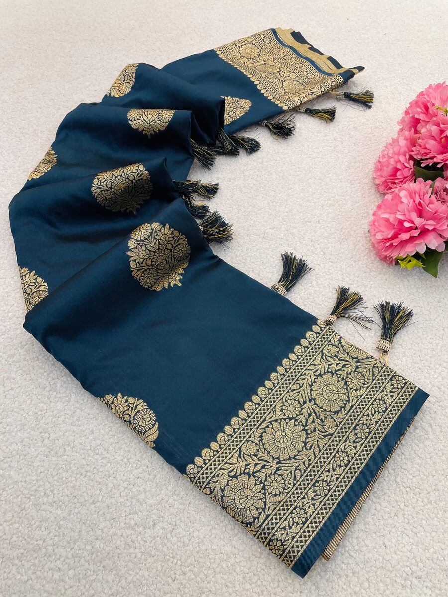 Vibrant Navy Blue Pure Zari Weaving Banarasi Silk Saree With Classic Blouse Piece