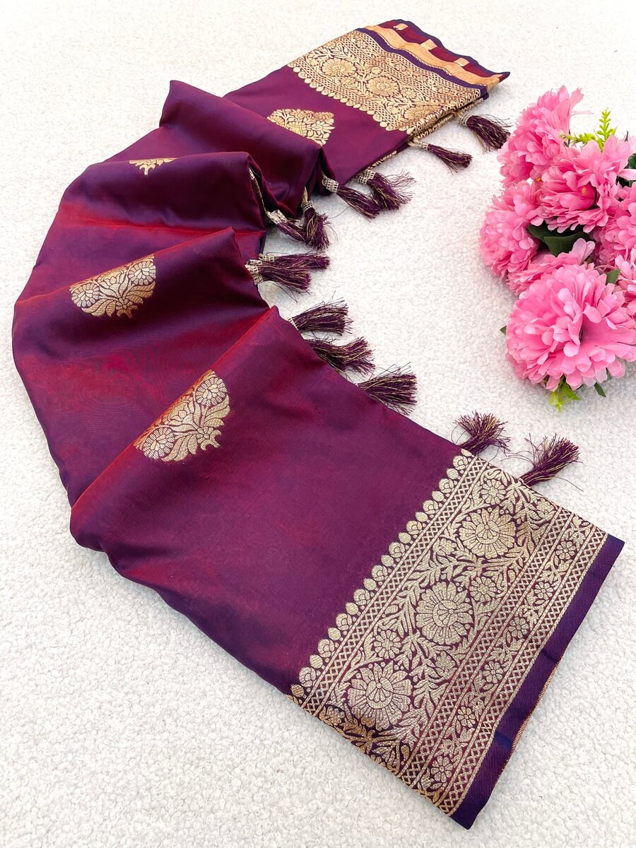 Invaluable Wine Pure Zari Weaving Banarasi Silk Saree With Admirable Blouse Piece