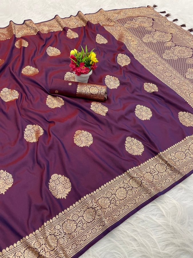 Invaluable Wine Pure Zari Weaving Banarasi Silk Saree With Admirable Blouse Piece