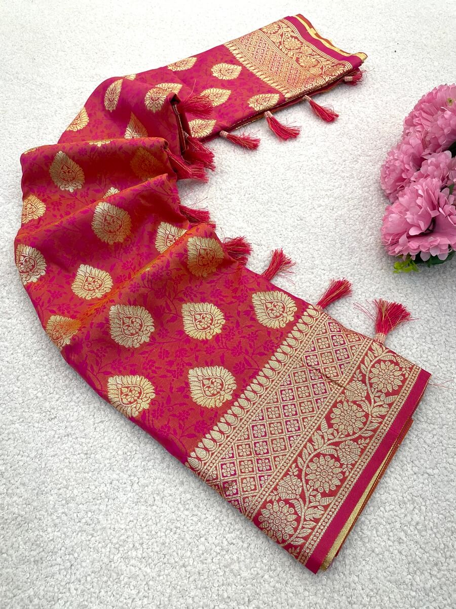 Pleasant Dark Pink Pure Zari Weaving Banarasi Silk Saree With Most Stunning Blouse Piece
