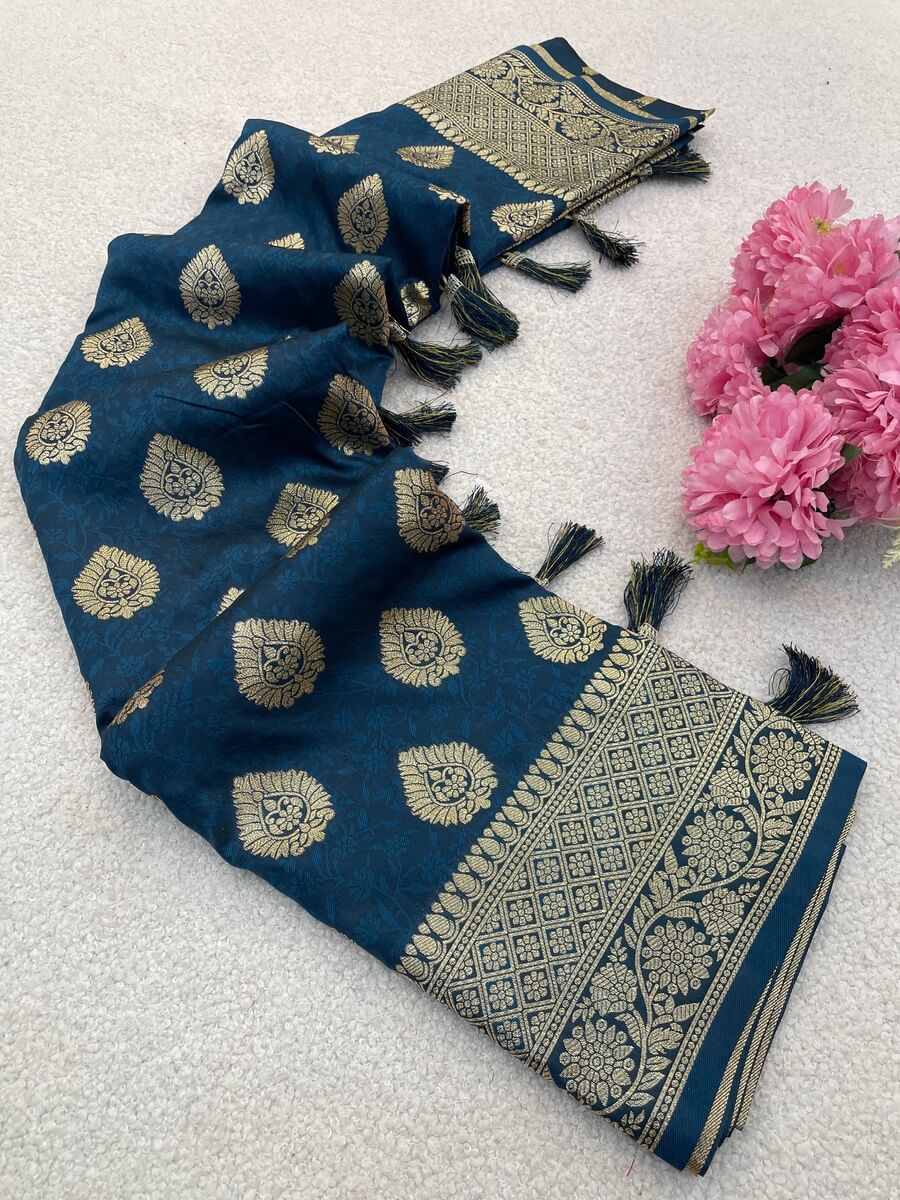 Fancifull Navy Blue Pure Zari Weaving Banarasi Silk Saree With Artistic Blouse Piece
