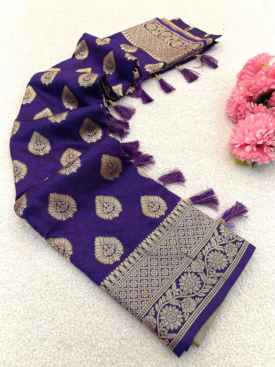 Propinquity Royal Purple Pure Zari Weaving Banarasi Silk Saree With Unequalled Blouse Piece