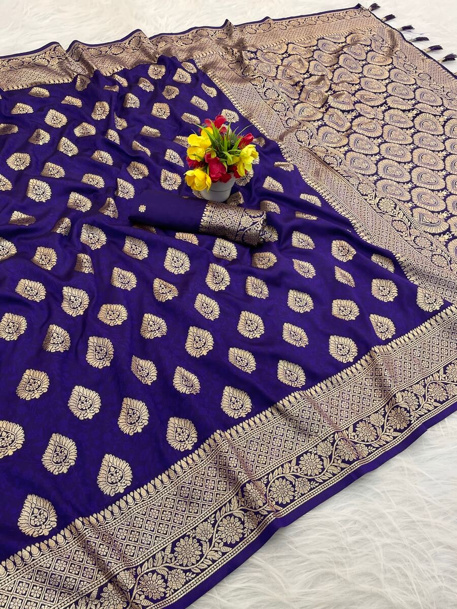 Propinquity Royal Purple Pure Zari Weaving Banarasi Silk Saree With Unequalled Blouse Piece