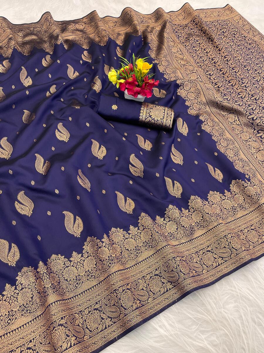 Innovative Navy Blue Soft Silk Saree With Precious Blouse Piece