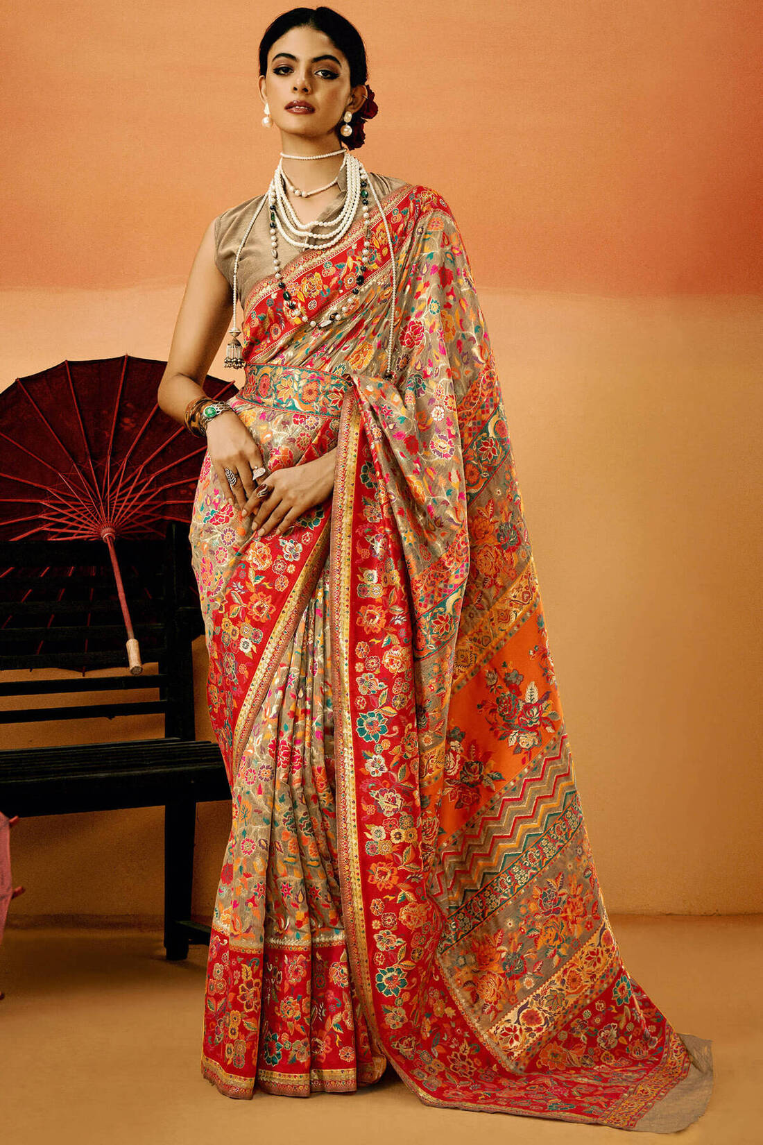 Petrichor Grey Pashmina Saree With Exuberant Blouse Piece