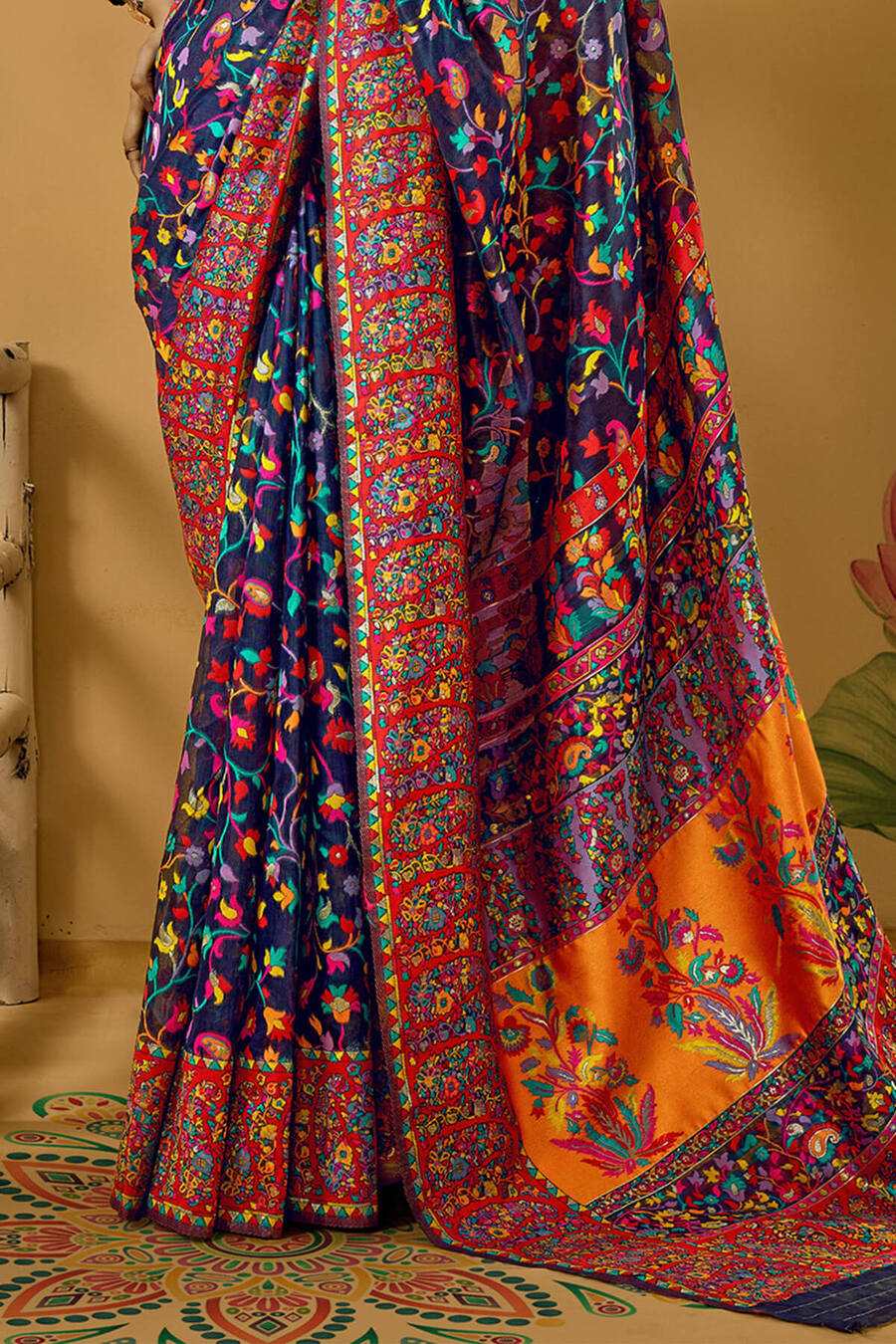 Lustrous Navy Blue Pashmina Saree With Sempiternal Blouse Piece