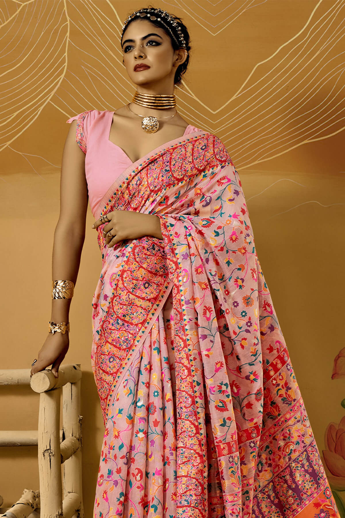 Nemesis Pink Pashmina Saree With Luminous Blouse Piece
