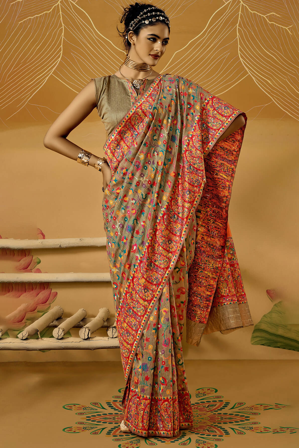 Demanding Grey Pashmina Saree With Magnetic Blouse Piece