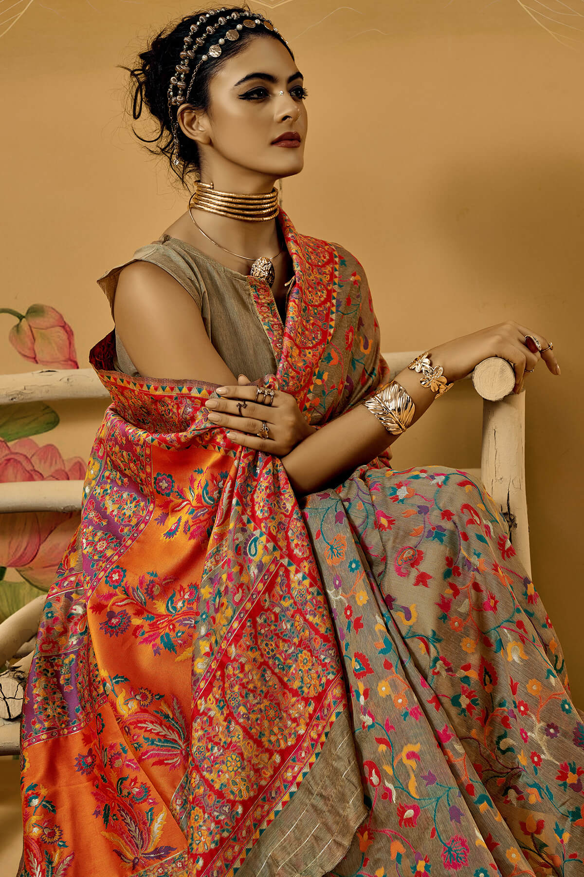 Demanding Grey Pashmina Saree With Magnetic Blouse Piece