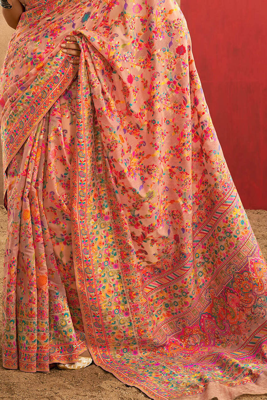 Delectable Peach Pashmina Saree With Panache Blouse Piece