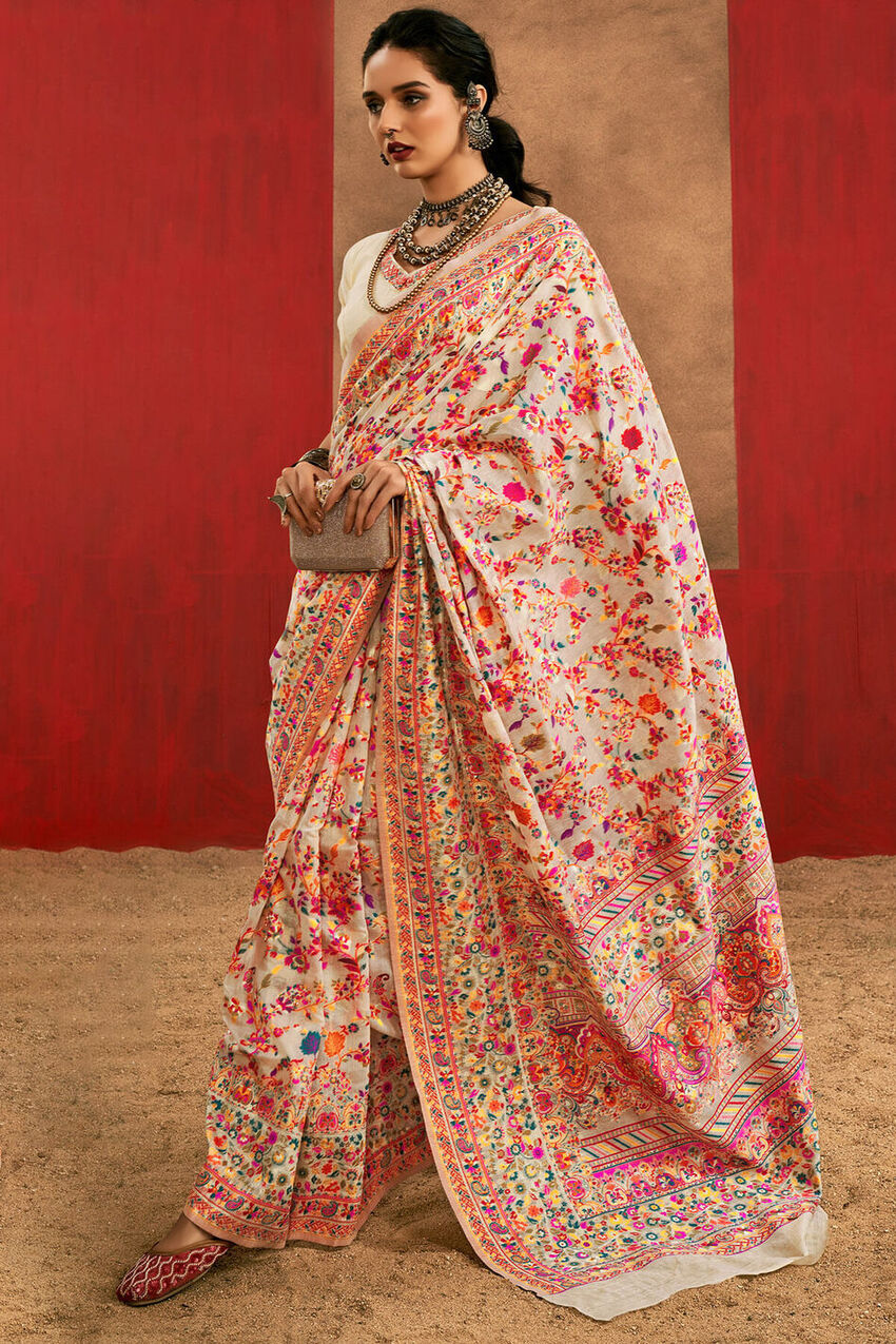 Rhapsodic Beige Pashmina Saree With Glorious Blouse Piece