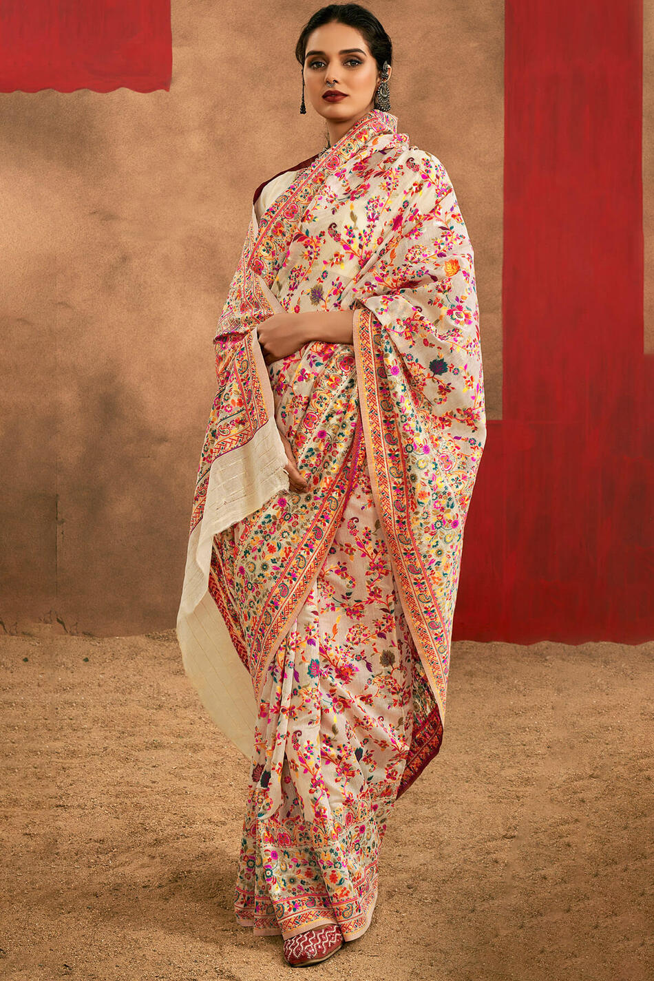 Rhapsodic Beige Pashmina Saree With Glorious Blouse Piece