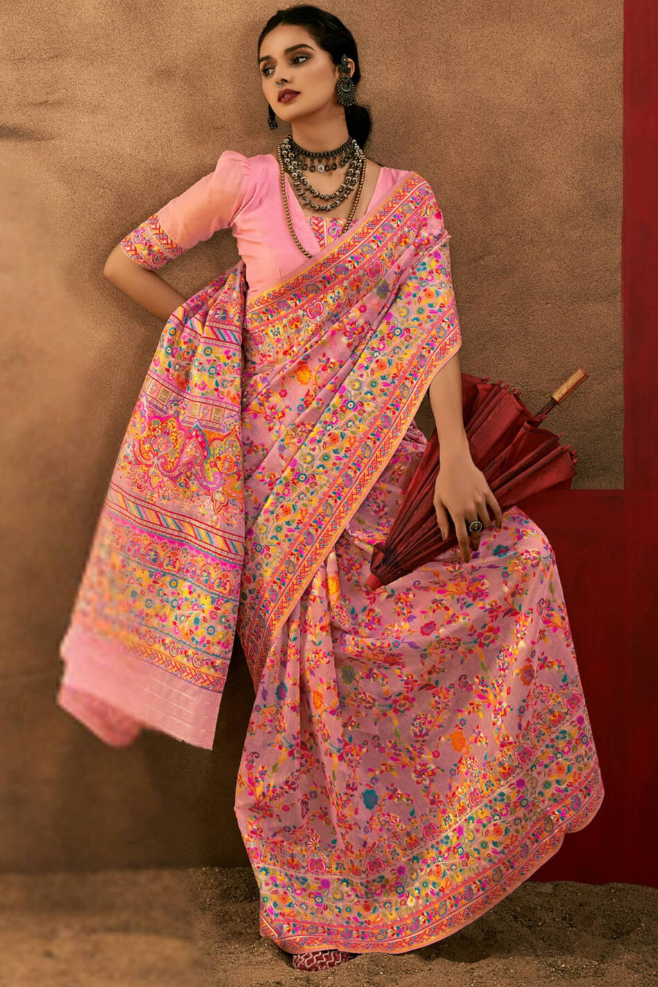 Desiring Pink Pashmina Saree With Mesmeric Blouse Piece