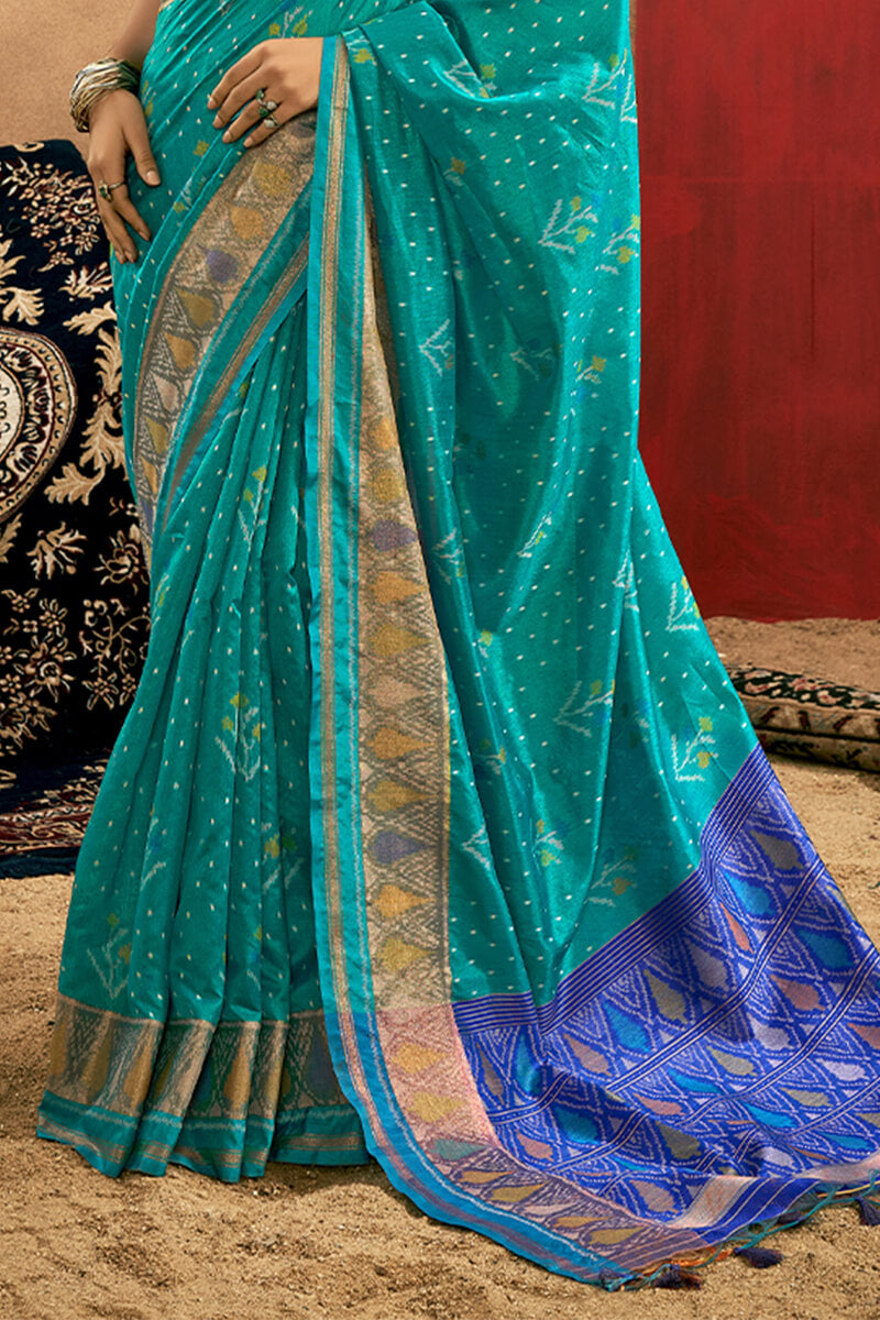 Artistic Turquoise Soft Banarasi Silk Saree With Beautiful Blouse Piece