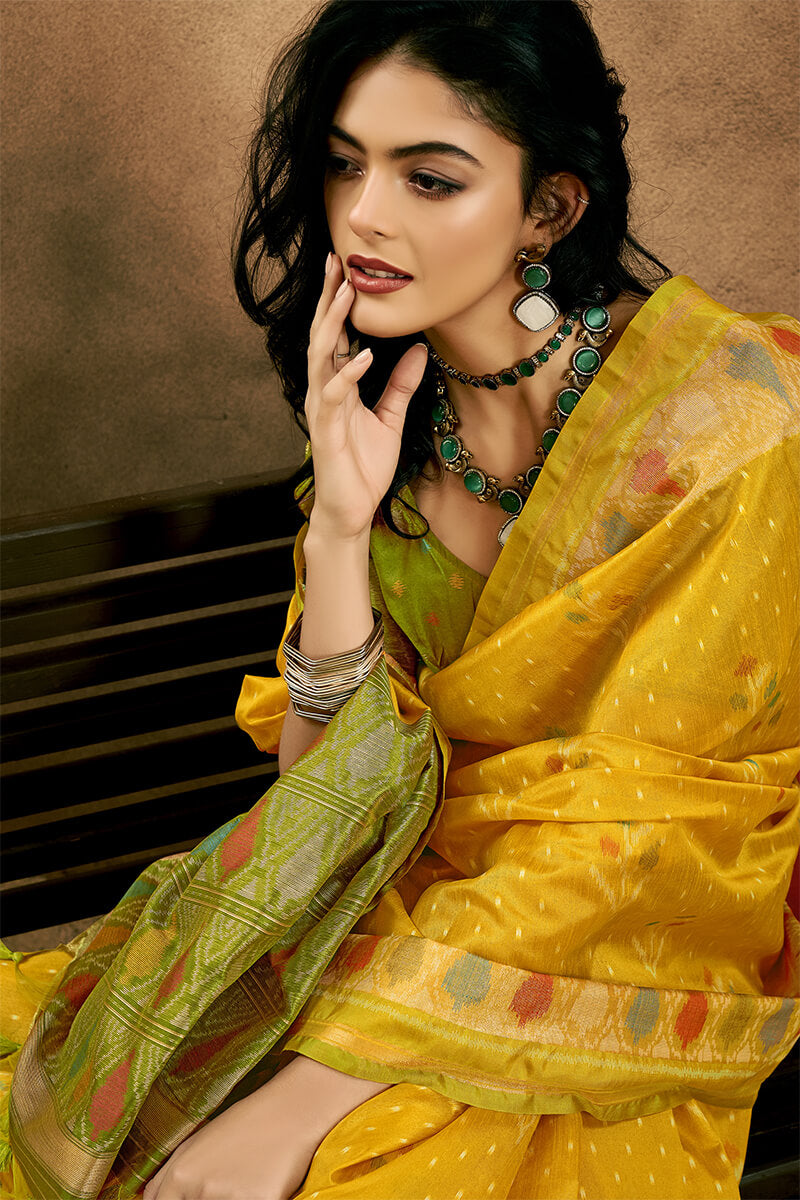 Blissful Yellow Soft Banarasi Silk Saree With Whimsical Blouse Piece