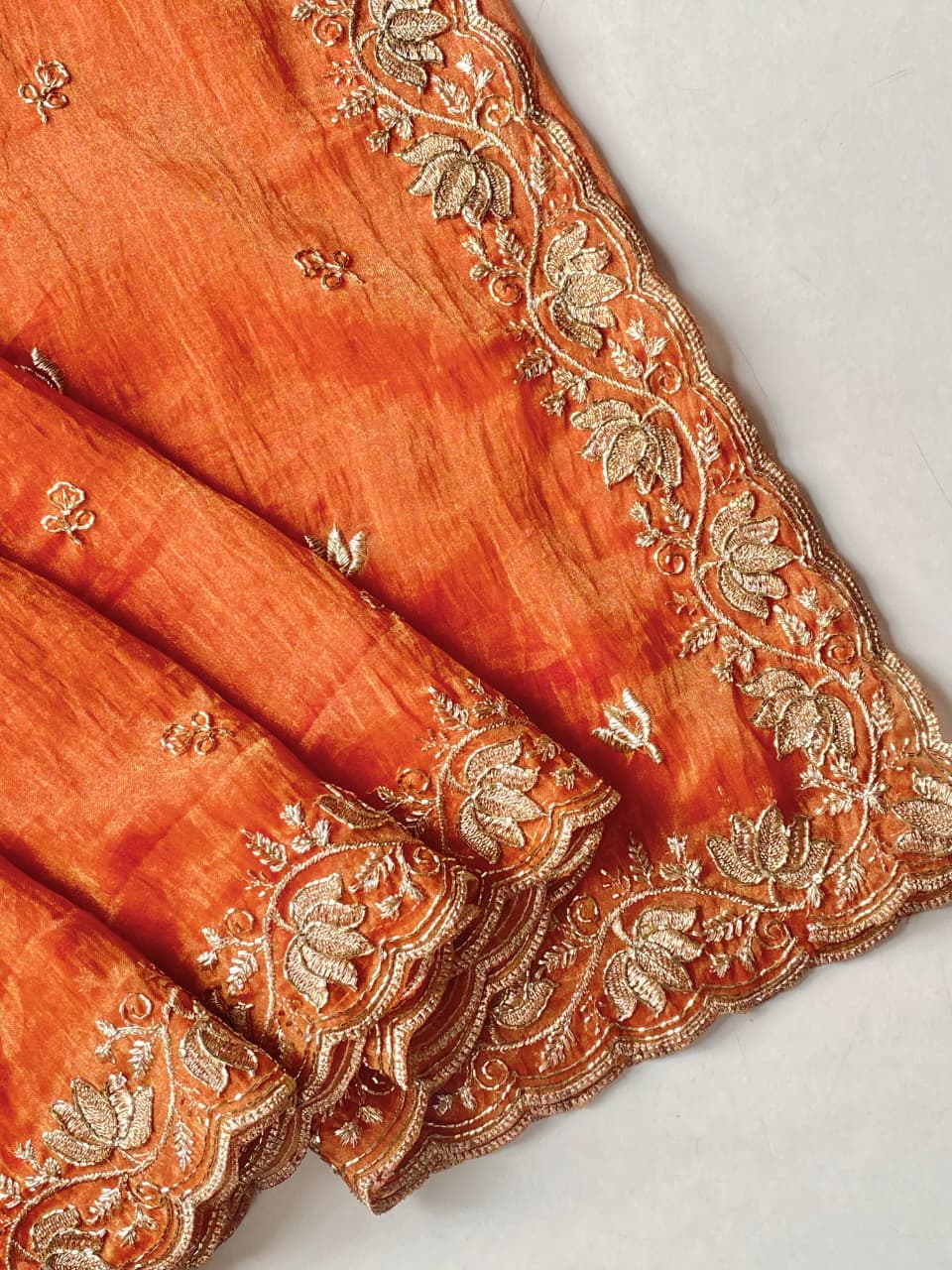 Panoply Orange Handwork Tissue Silk Saree With Outstanding Blouse Piece