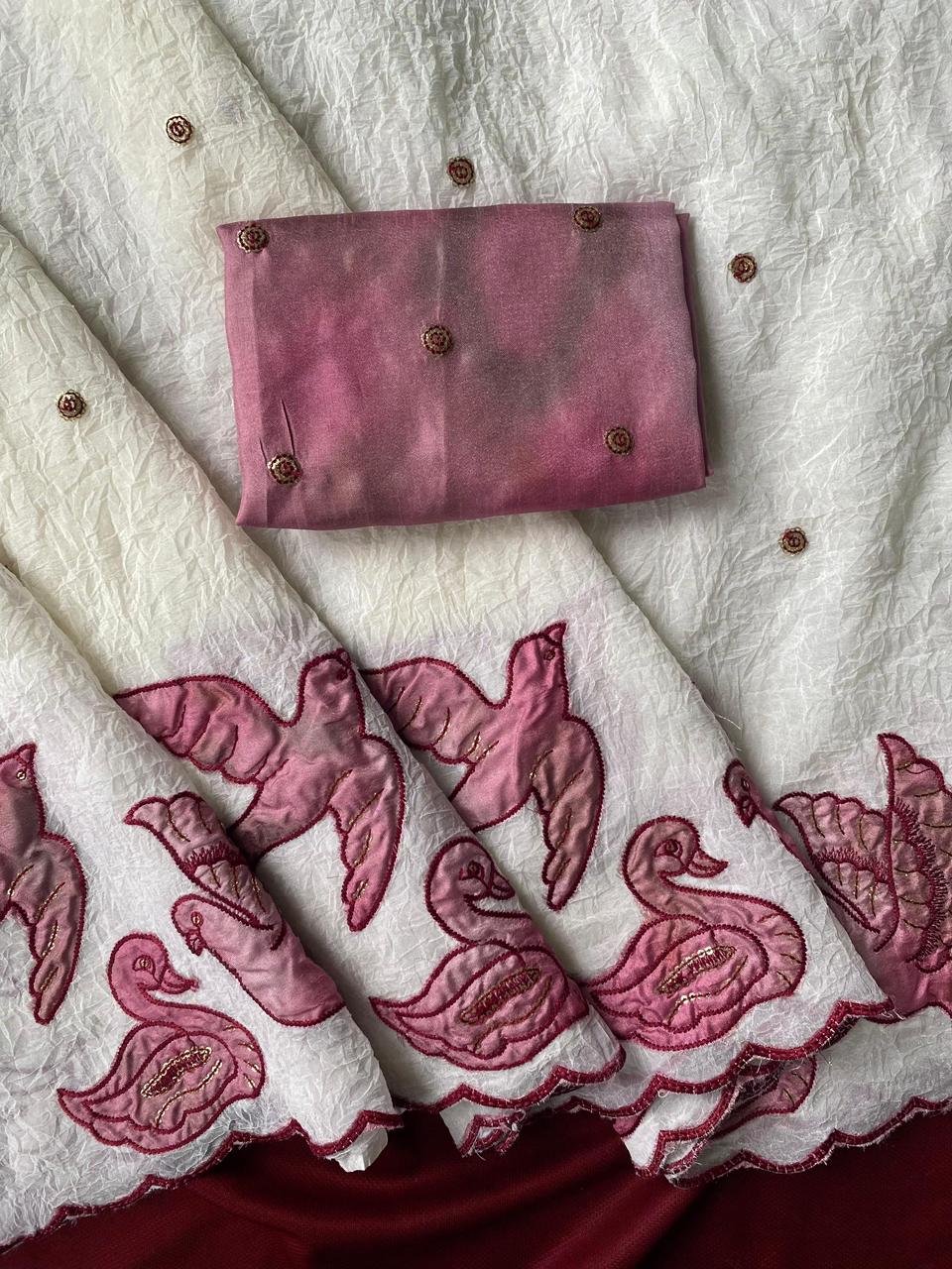 Dazzling Off White Embroidery Work Crush Silk Saree With Lagniappe Blouse Piece