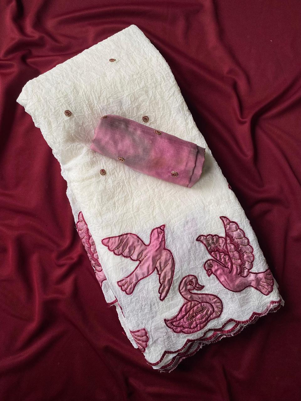 Dazzling Off White Embroidery Work Crush Silk Saree With Lagniappe Blouse Piece