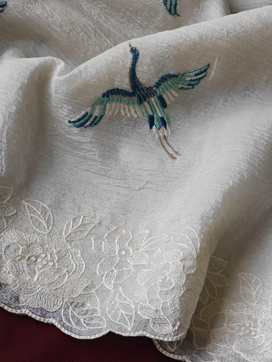 Precious Off White Embroidery Work Crush Silk Saree With Charming Blouse Piece