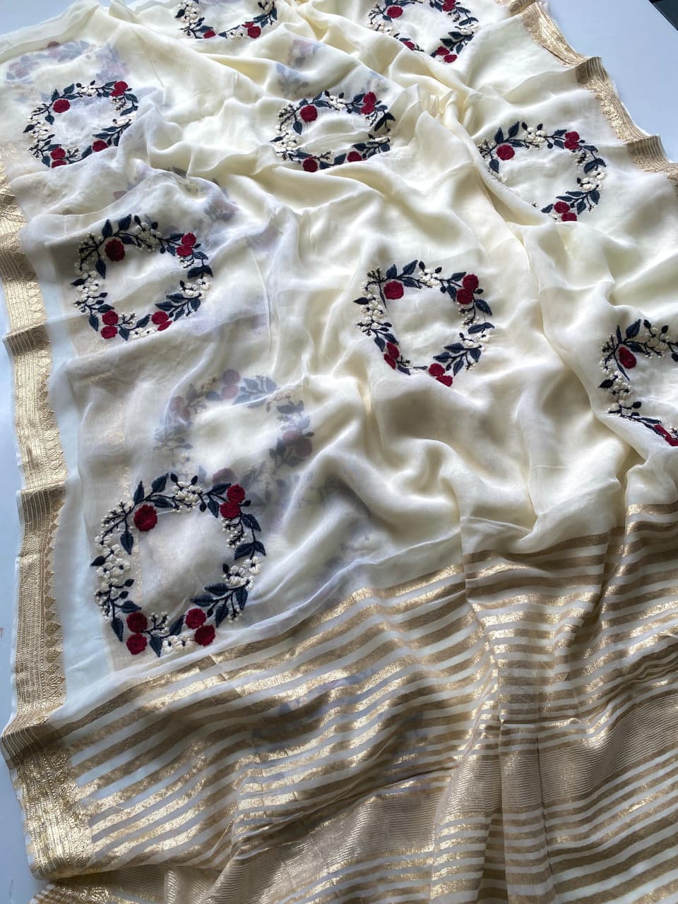 Lustrous Beige Embroidery Work Viscose Georgette Saree With Flaunt Blouse Piece