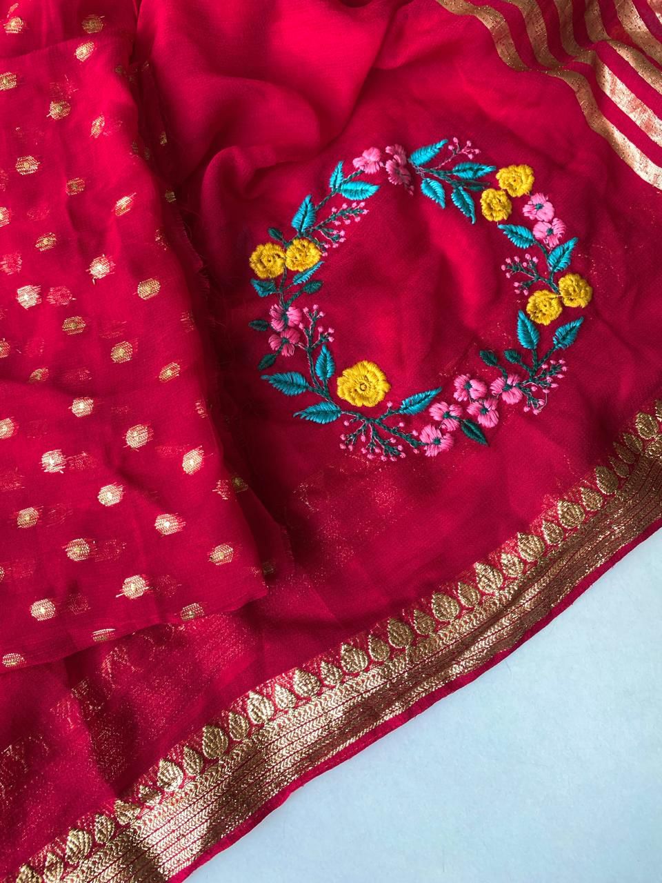 Incomparable Dark Pink Embroidery Work Viscose Georgette Saree With Devastating Blouse Piece
