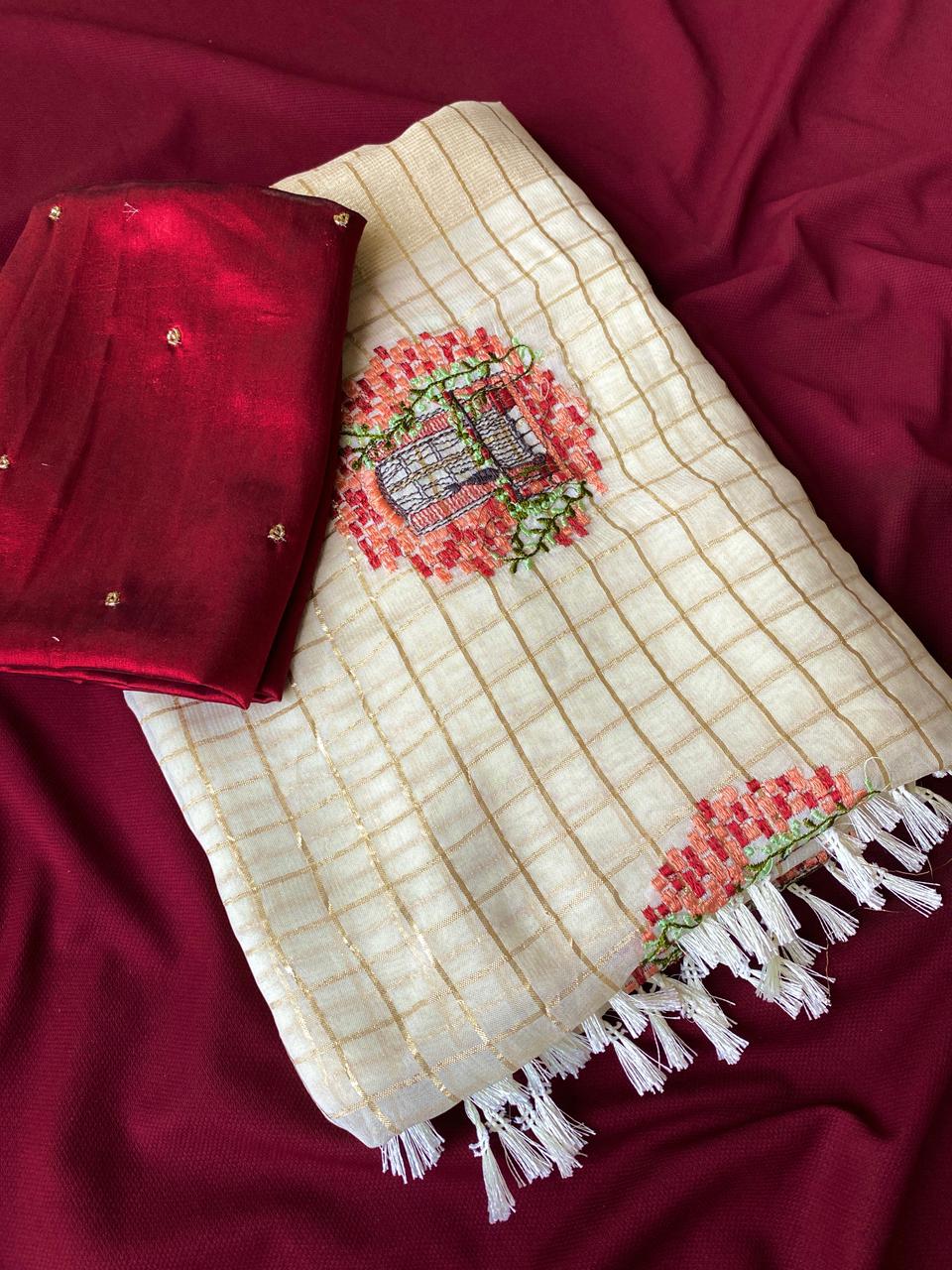 Nebula Off White Embroidery Work Viscose Georgette Saree With Flaunt Blouse Piece