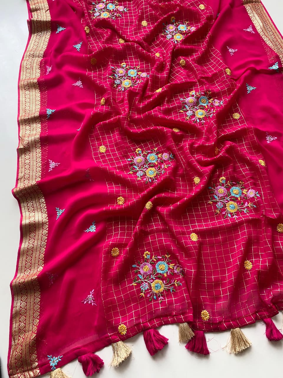 Delectable Dark Pink Embroidery Work Pure Georgette Saree With Classic Blouse Piece