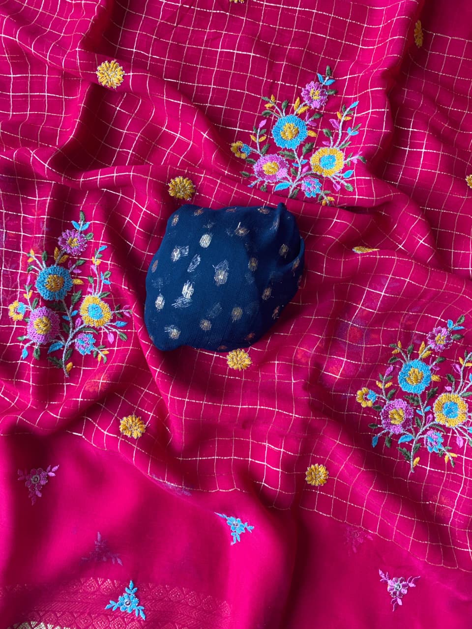 Delectable Dark Pink Embroidery Work Pure Georgette Saree With Classic Blouse Piece