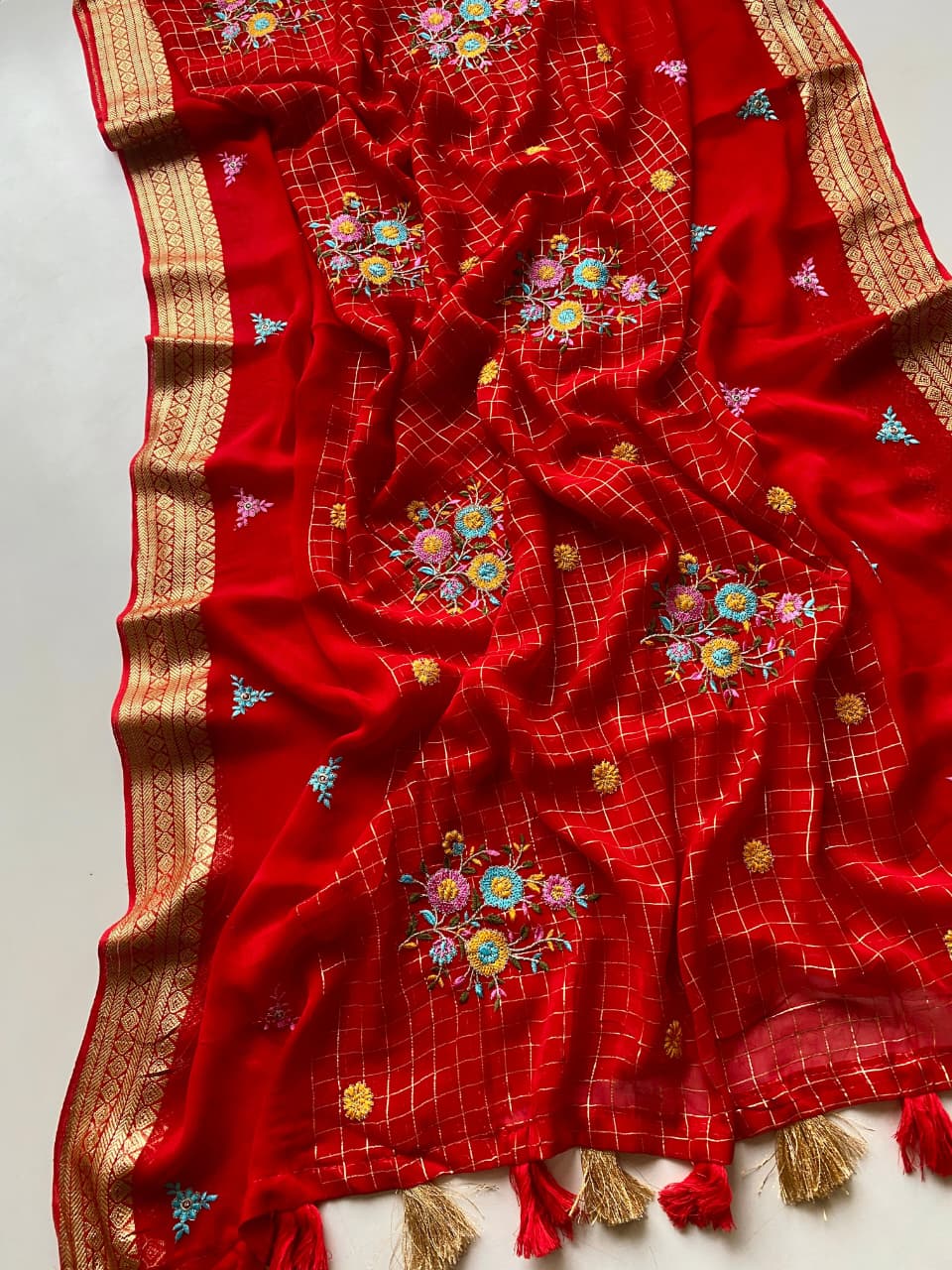 Most Stunning Red Embroidery Work Pure Georgette Saree With Opulent Blouse Piece