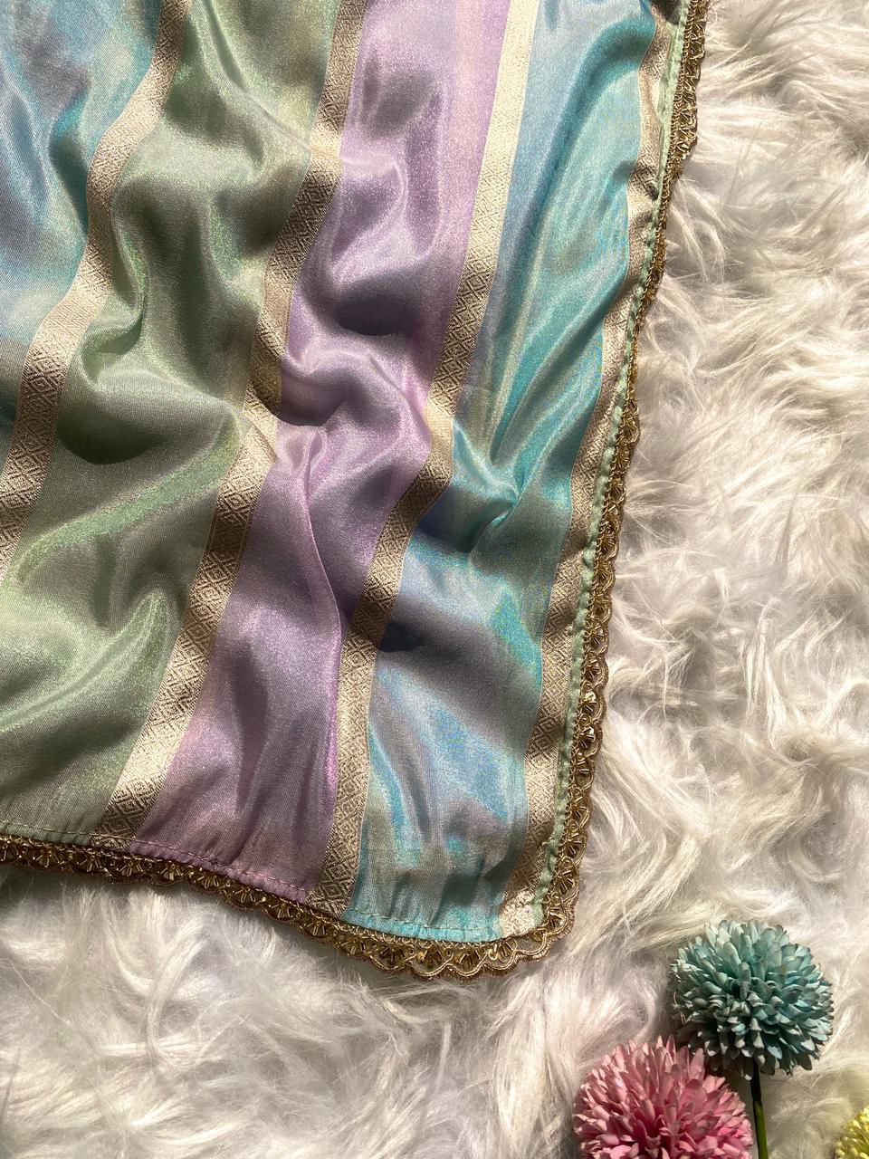 Magnetic Multicolor Soft Banarasi Tissue Silk Saree With Classy Blouse Piece