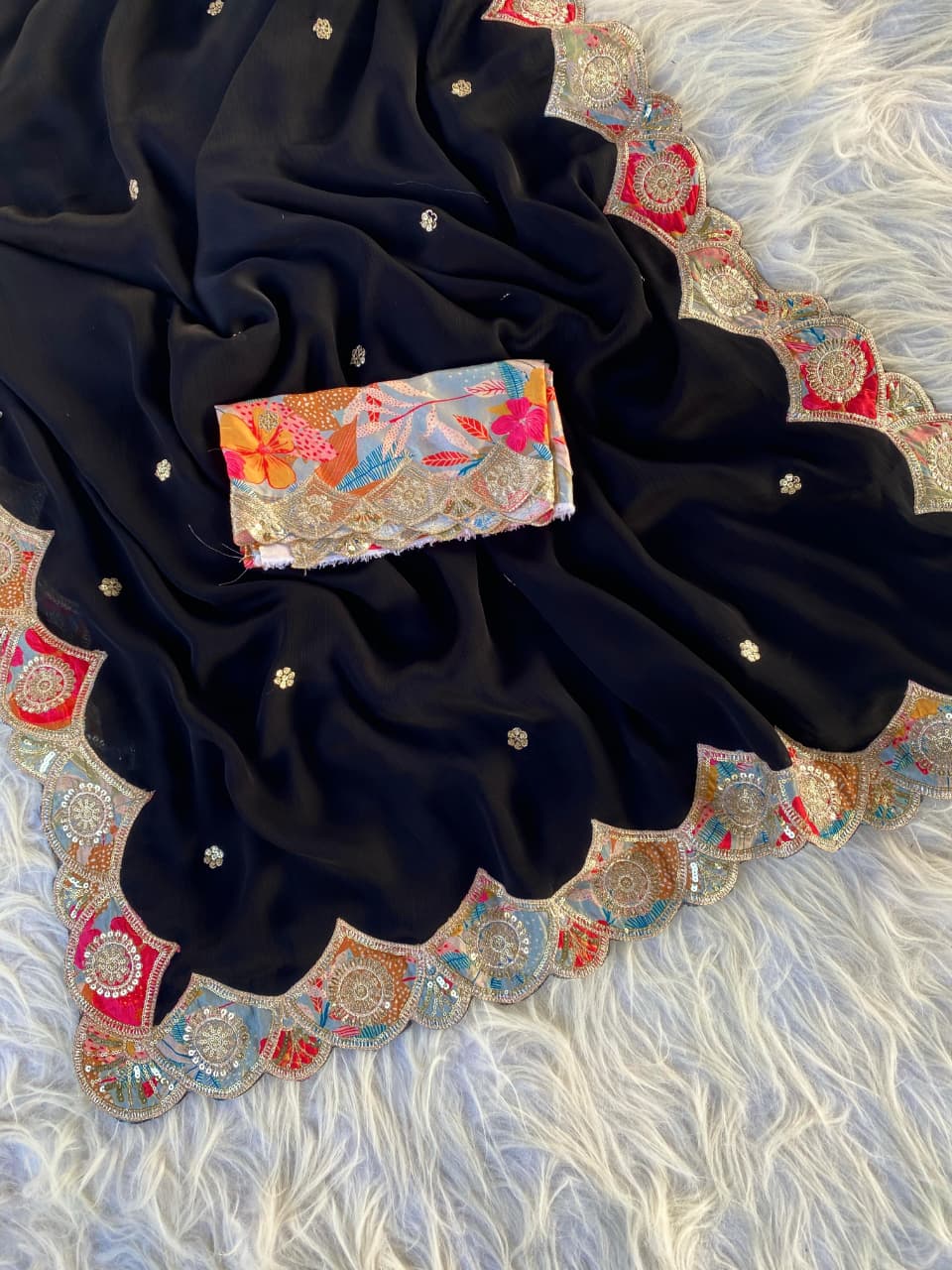 Divine Black Embroidery Work Pure Satin Georgette Saree With Diaphanous Blouse Piece