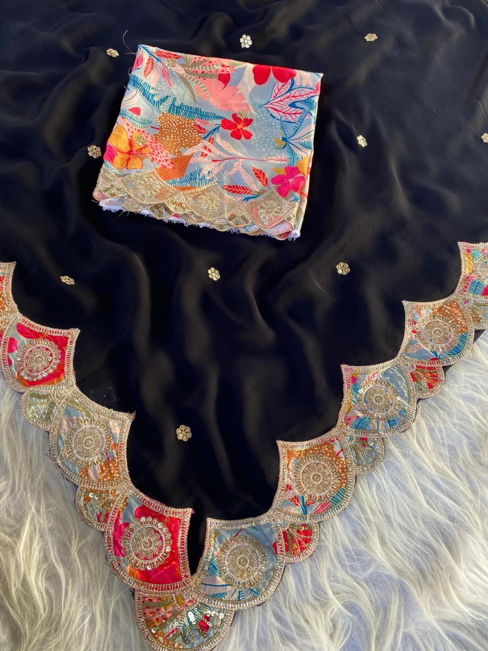 Divine Black Embroidery Work Pure Satin Georgette Saree With Diaphanous Blouse Piece