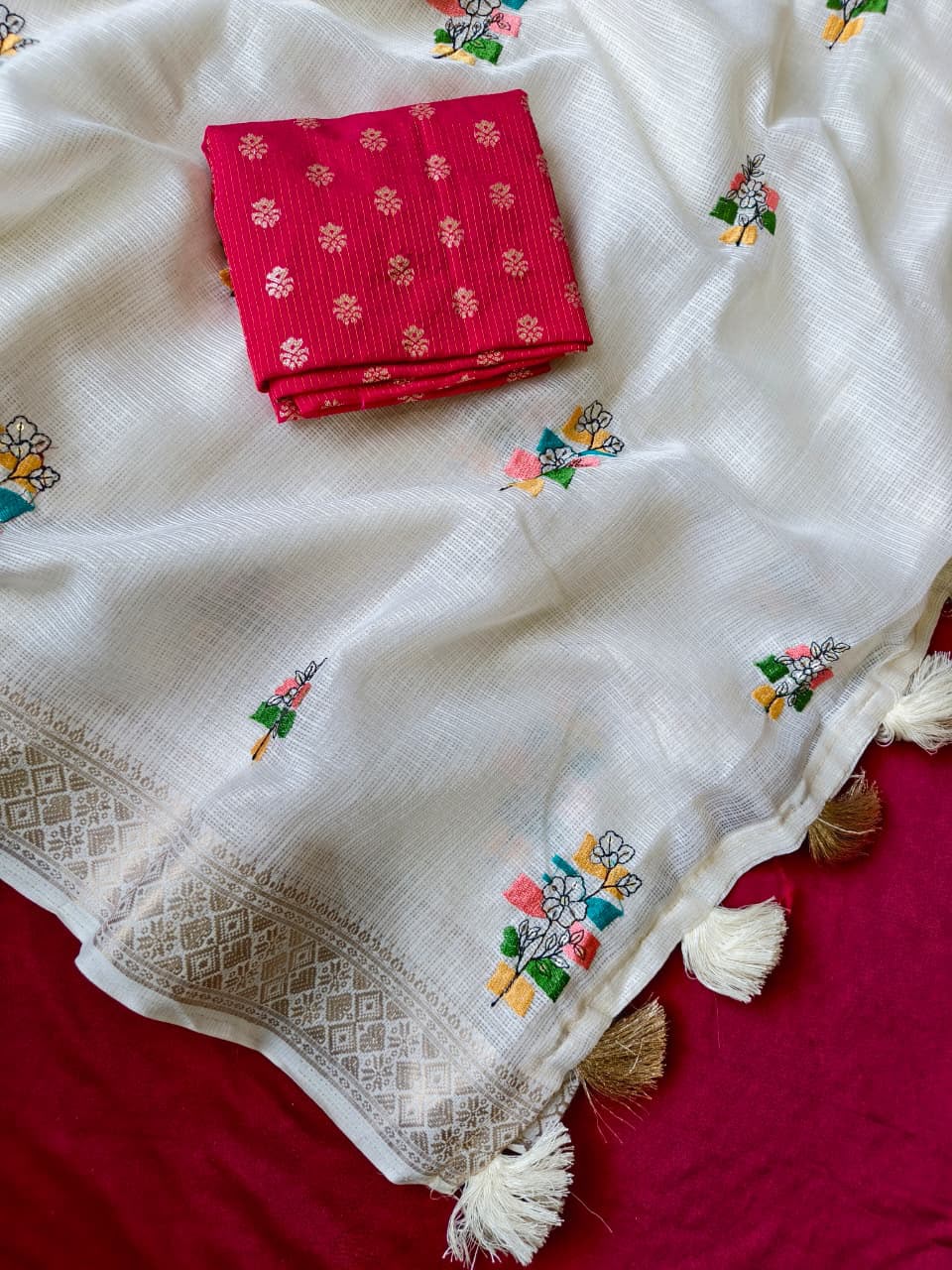 Demanding Off White Embroidery Work Kota Doriya Silk Saree With Inspiring Blouse Piece