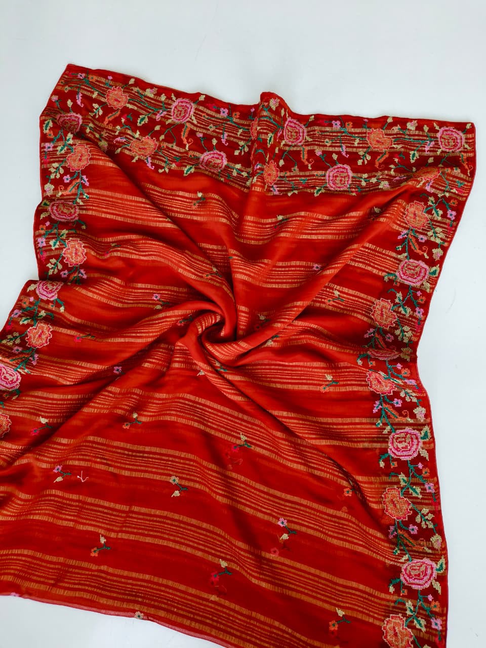 Efflorescence Red Embroidery Work Chiffon Silk Saree With Demure Blouse Piece