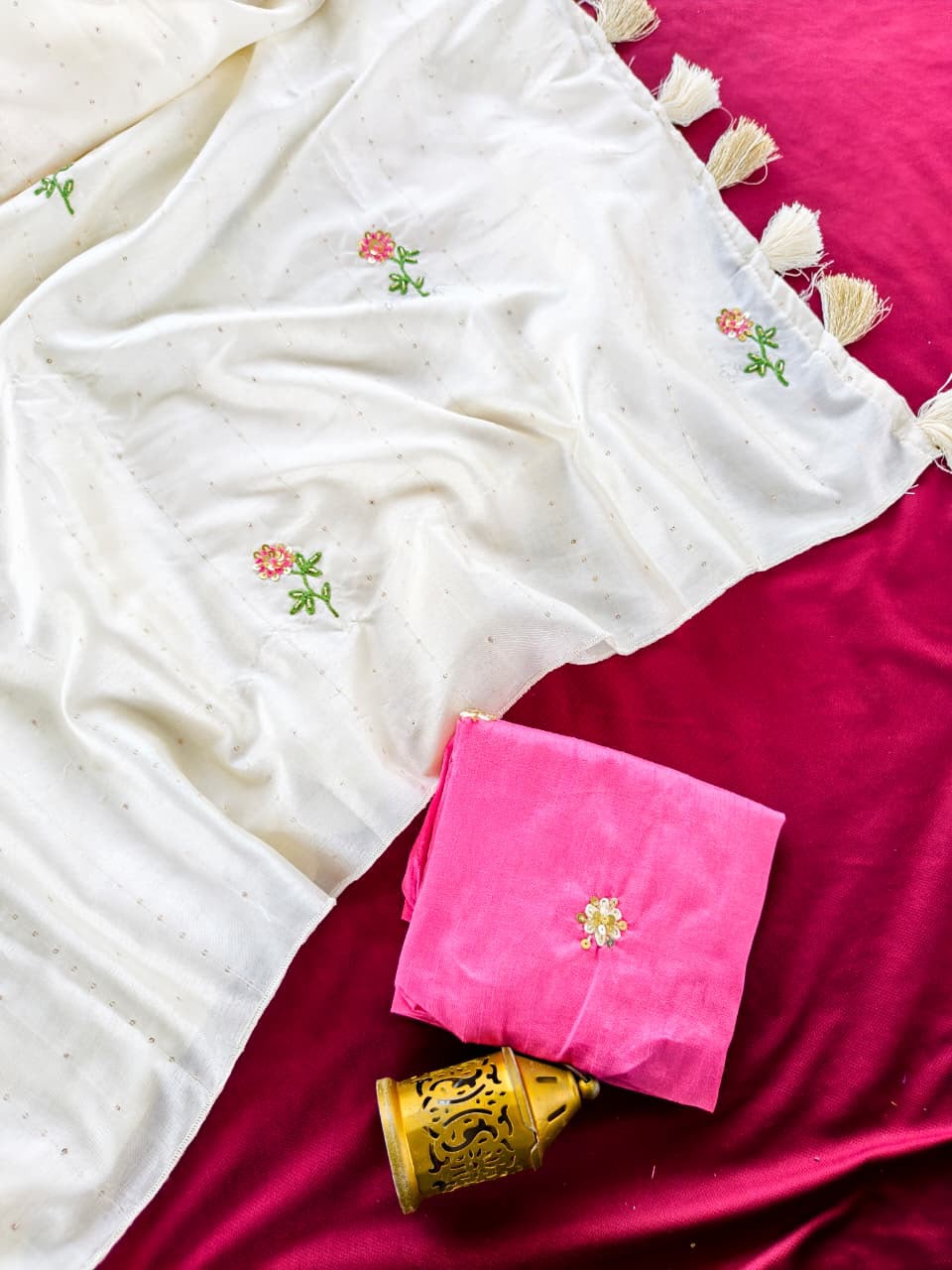 Incredible Off White Embroidery Sequence Work Viscose Silk Saree With Classy Blouse Piece