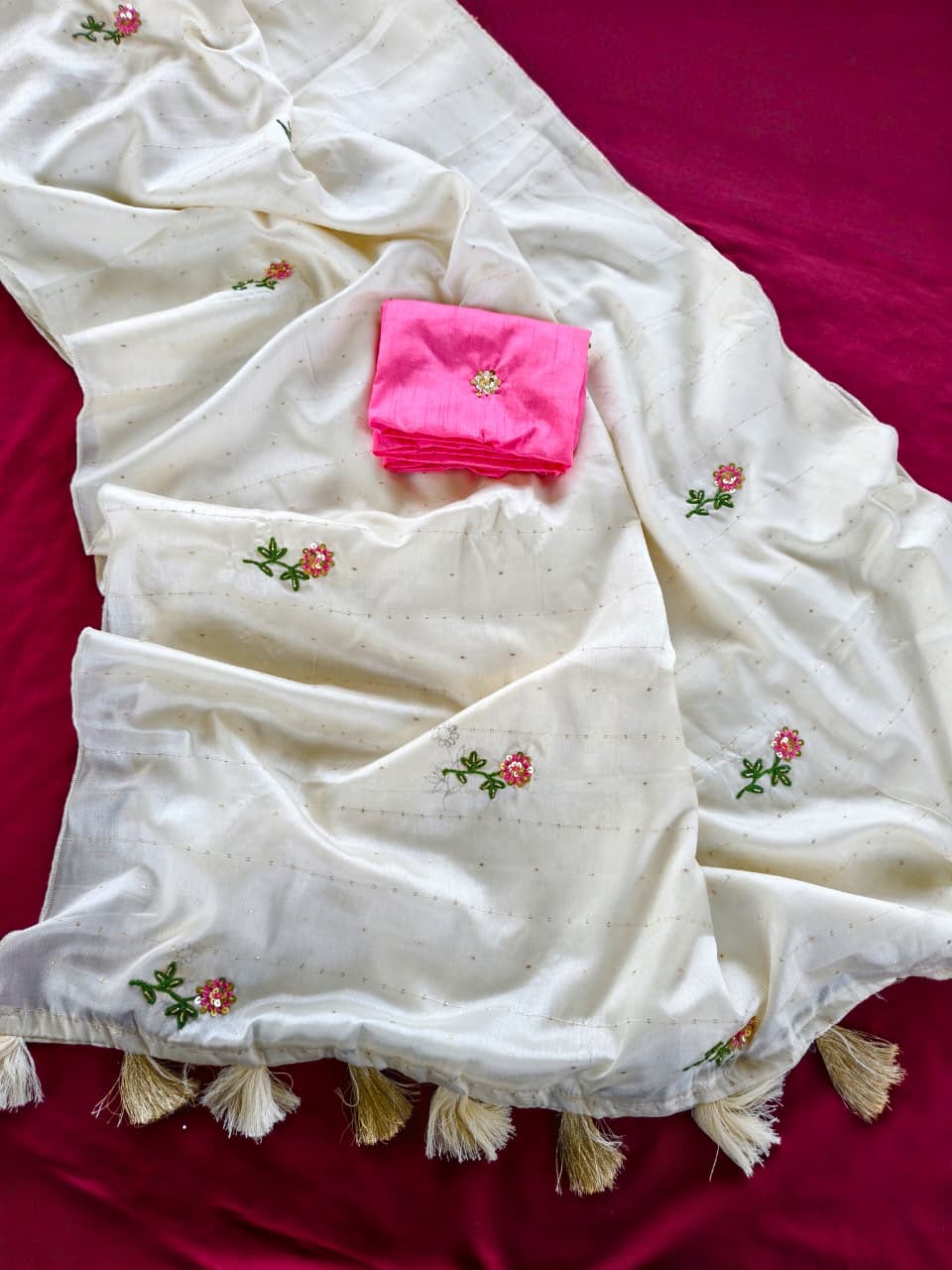 Incredible Off White Embroidery Sequence Work Viscose Silk Saree With Classy Blouse Piece
