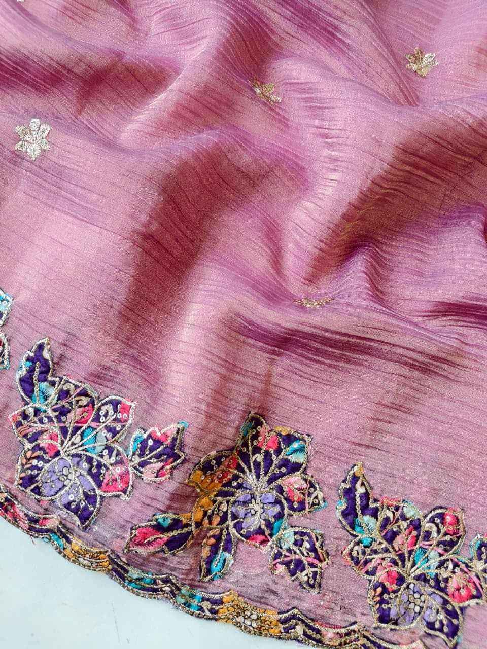 Luminous Pink Embroidery Work Crush Silk Saree With Cynosure Blouse Piece
